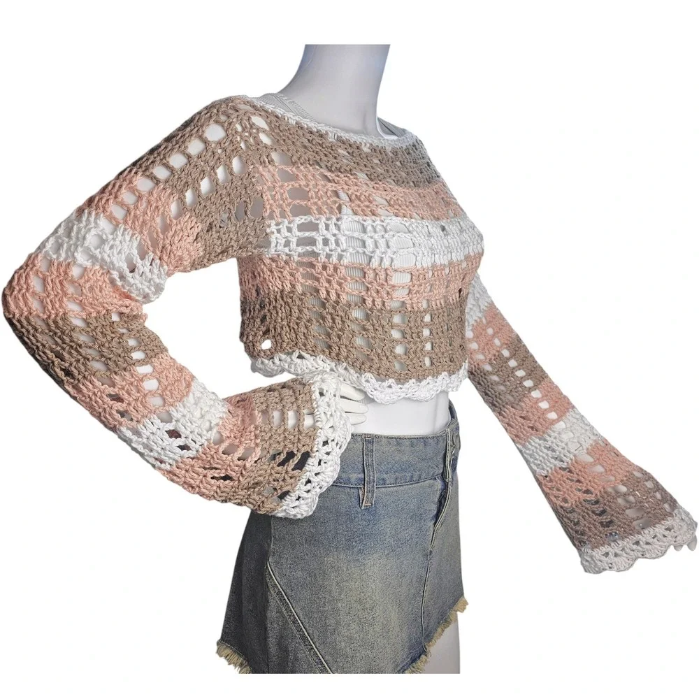 Handmade Crochet Boat Neck Bell Sleeve Crop Top | Festival Fairy Boho Mesh Top